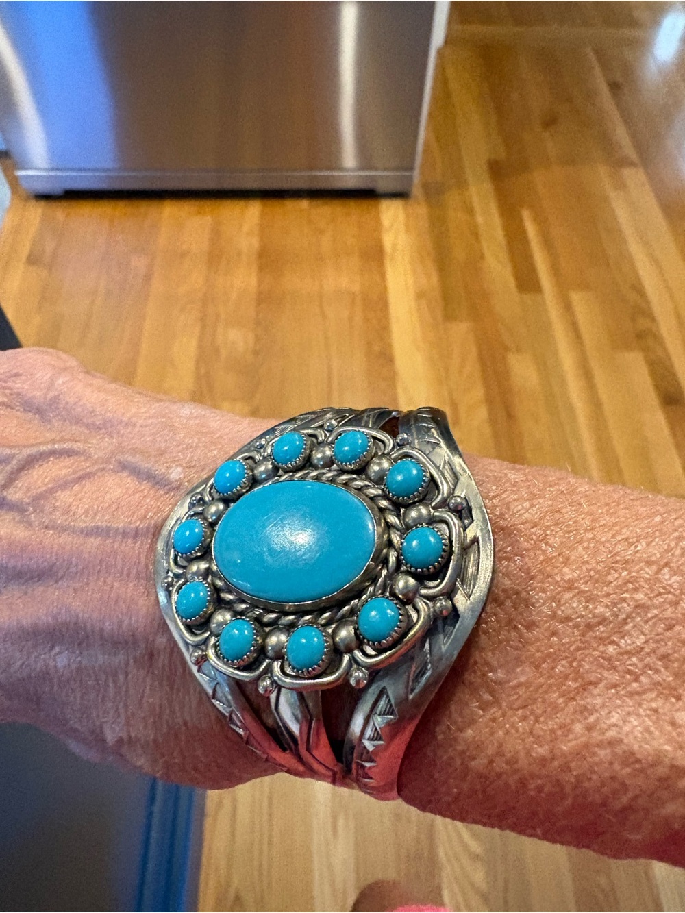 Vintage Bell Trading Post Large Nickel Silver/Faux Turquoise Bracelet